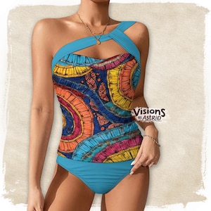 Tankini-badpak met één schouder voor dames | Flatterende, levendige abstracte badkleding