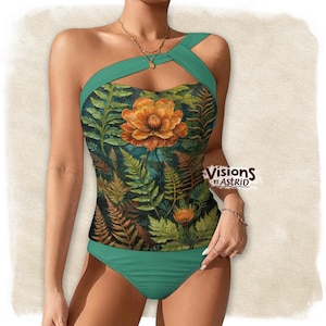 One Shoulder Artistic Tankini Swimsuit | Emerald Green Botanical Print Bathing Suit
