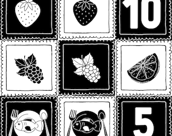 Tummy Time Cards: Numbers & Foods Flashcards - Montessori Visual Stimulation (Digital Download)