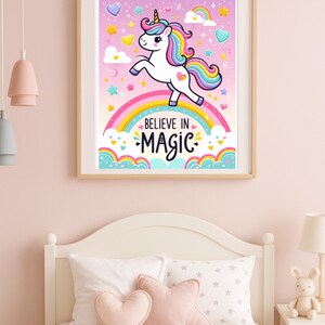 Believe in Magic – Rainbow Unicorn Digital Poster for Kids Room, Girls room decor , cute wall art, digital print
