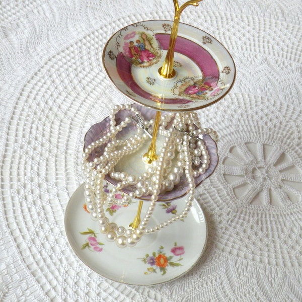 Alice Dreams of Courting, Pink & Purple Vintage China 3 Tier Jewelry Stand Display or Mini Tea Tray for Cupcakes and Candy -- FREE SHIPPING