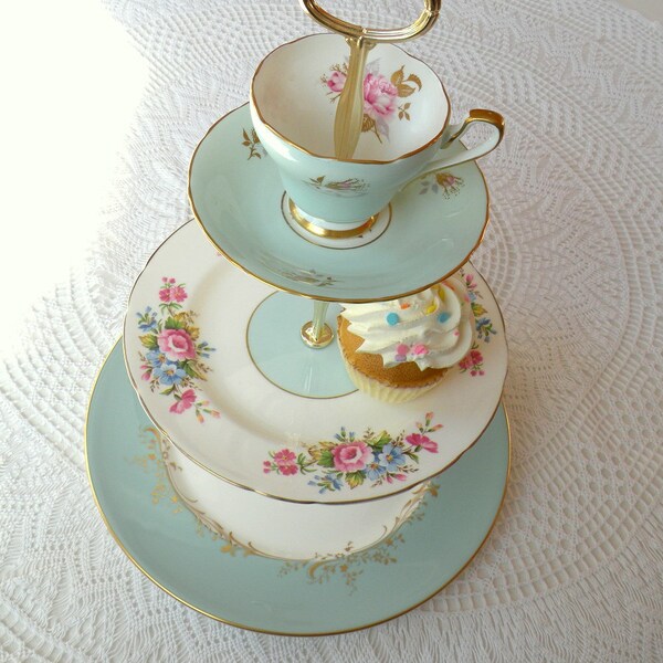 Alice Counts Stars, Vintage China Aqua Blue Cupcake Stand or 3 Tier Cake Plate for High Tea, Birthday or Garden Party