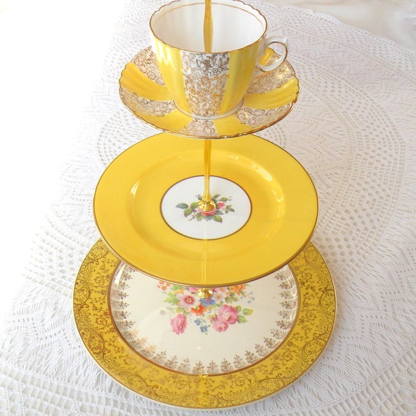 Alice Steals the Sunshine, Bright Yellow Cake Stand for High Tea in Vintage China, 3 Tiers for Wedding Cupcakes or Birthday Party