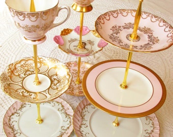 1 High Tea for Alice Pink & Gold Vintage China 3 Tier Cupcake Stand or Jewelry Holder Display for Wedding Centerpiece, Birthday Tea, Shower