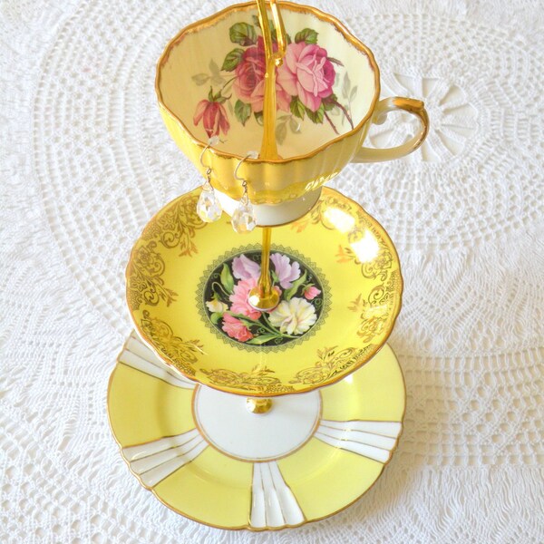 Alice Makes Lemonade Vintage Yellow China Jewelry Stand, 3 Tier with Pink Roses -- FREE SHIPPING