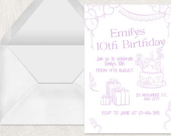 Edytowalne zaproszenie urodzinowe | Różowe proste zaproszenie na imprezę dla dzieci | Styl rysowany ręcznie | Natychmiastowe pobranie | Szablon urodzinowy do wydrukowania