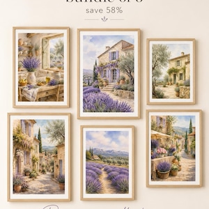 Peut inclure: Un ensemble de 6 impressions d'art encadrées intitulé Provence collection, présentant des illustrations style aquarelle de champs de lavande, de maisons en pierre et de paysages méditerranéens dans des tons violet, vert et beige avec des cadres en bois clair.