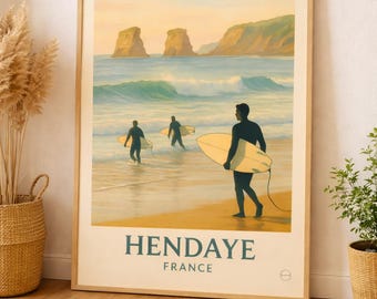 Poster di Hendaye | Arte murale sulla spiaggia basca | Costa di confine tra Francia e Spagna | Download digitale della stampa sulla spiaggia atlantica