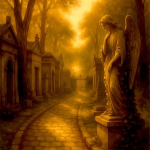 Paris Secret – Père Lachaise Cemetery | Warm Sunset Paris Wall Art | Gothic Angel Print | Travel Photography Fine Art | Paris Decor
