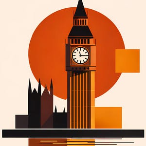 Peut inclure: Illustration abstraite de la tour Elizabeth, également connue sous le nom de Big Ben, à Londres. La tour de l'horloge est représentée dans des tons orange et marron, avec un grand cercle orange en arrière-plan. L'œuvre a un style minimaliste.
