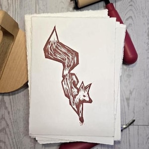 Stampa originale in linoleografia Fox da 5 x 7 pollici