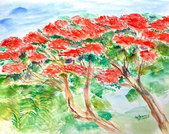 ROYAL POINCIANA Watercolor Print, Tropical Flower Painting, Art Print, Florida Wall Decor, Best Friend Gift, Remembrance Gift for Her 151