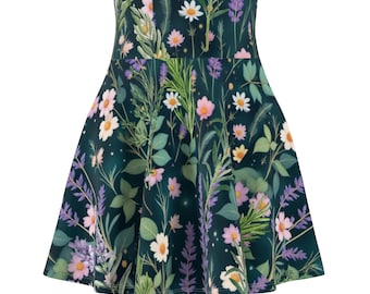 Wildflower Meadow Skater Skirt Dark Green Floral Print