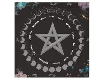 May include: A dark gray square with a white pentagram in the center, surrounded by a circle of zodiac signs and moon phases. The words "Past," "Present," and "Future" are at the top. Floral accents are in the corners.