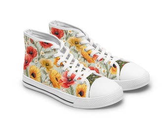 Poppy and Mushroom High-Top Sneakers Women's Garden Print Canvas Shoes