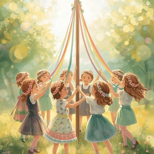 Può includere: Illustrazione di bambini che ballano attorno a un palo di maggio decorato con fiori e nastri colorati. Il testo "Beltane/May Day" è in basso. I bambini indossano corone floreali e abiti blu, verdi e rosa.