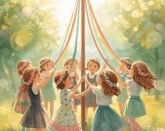 May include: Illustration of children dancing around a maypole decorated with flowers and colorful ribbons. The text "Beltane/May Day" is at the bottom. The children wear floral crowns and dresses in shades of blue, green, and pink.