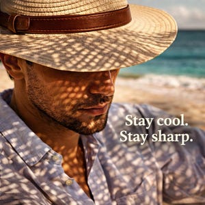 Könnte beinhalten: Ein Strohhut mit einem braunen Lederband. Der Hut beschattet das Gesicht einer Person, die ein hellblaues Button-Down-Hemd trägt. Der Text "Stay cool. Stay sharp." ist sichtbar.