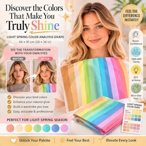 May include: A light spring colour analysis drape, 66 x 91 cm, featuring a rainbow of colours. The image includes text that says "Discover the Colors That Make You Truly Shine". A woman is holding the drape, and a colour guide is also visible.
