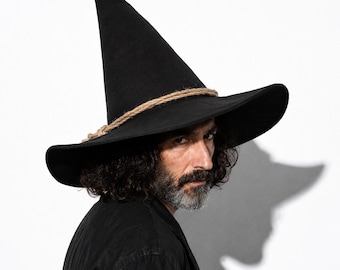 Black Felt Witch Hat for Adults, Wide Brim Pointed Wizard Hat, Gothic Halloween Cosplay, Renaissance Costume, Unisex Fantasy Gift Men Women