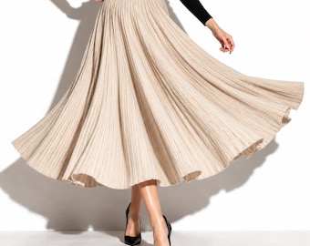 Jupe longue plissée trapèze 100 % laine mérinos pour femme, jupe maxi vintage chaude couleur camel, marron, rouge ou blanc crème, cadeau idéal pour elle