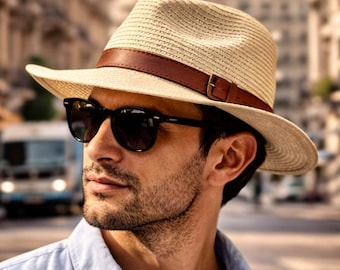 Divertido sombrero Panamá auténtico de ala ancha, plegable, de paja, para hombres y mujeres, transpirable, ideal para viajes de verano, con protección UV y ajuste regulable.