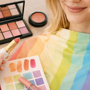 May include: A palette of makeup products, including eyeshadows, blush, and lipstick, is displayed with a color palette. The image includes the text "Perfect makeup, perfectly matched" and "Choose cosmetics that harmonize with your Light Spring palette."
