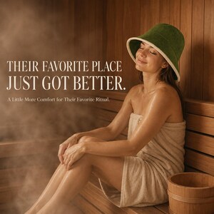 May include: A dark green bucket hat with a white trim worn in a sauna. The text on the image reads: THEIR FAVORITE PLACE JUST GOT BETTER. A Little More Comfort for Their Favorite Ritual. The hat is made of a soft, towel-like fabric material.