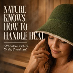 May include: A dark olive green wool felt sauna hat with a light beige trim and visible stitching. The text on the image reads: NATURE KNOWS HOW TO HANDLE HEAT. 100% Natural Wool Felt. Nothing Complicated. The hat has a wide brim and rounded crown.
