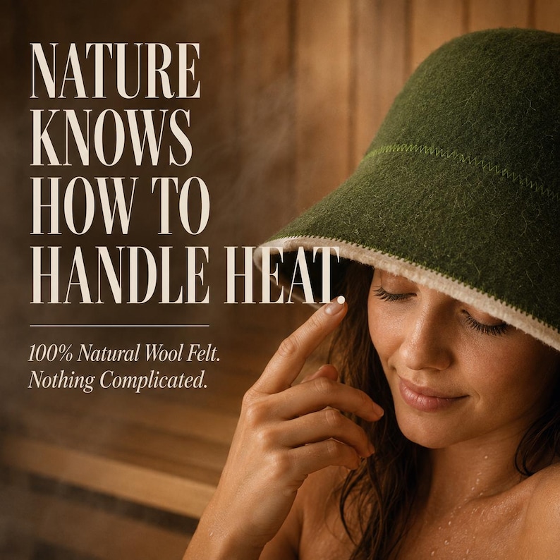 May include: A dark olive green wool felt sauna hat with a light beige trim and visible stitching. The text on the image reads: NATURE KNOWS HOW TO HANDLE HEAT. 100% Natural Wool Felt. Nothing Complicated. The hat has a wide brim and rounded crown.