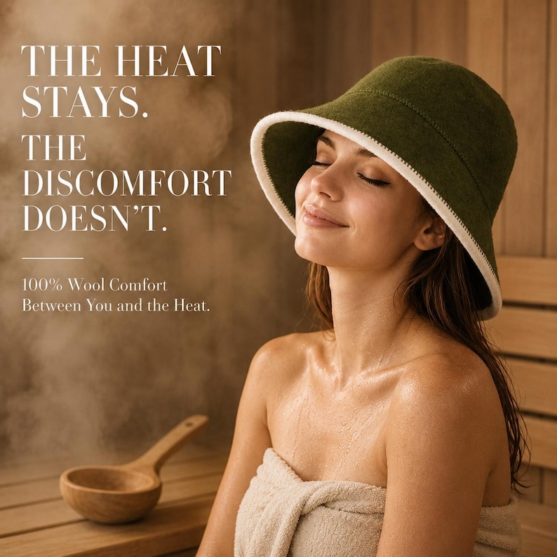 May include: An olive green wool sauna hat with a white trim along the brim. The text on the image reads: THE HEAT STAYS. THE DISCOMFORT DOESN'T. 100% Wool Comfort Between You and the Heat. A wooden ladle is visible in the lower left corner.