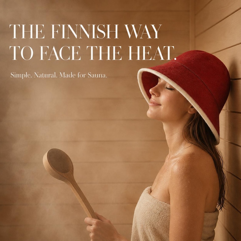 May include: A deep red sauna hat with a white trim and a long-handled wooden ladle. The text reads: THE FINNISH WAY TO FACE THE HEAT. Simple. Natural. Made for Sauna. The hat has a wide brim and a rounded crown, designed for use in a steam-filled room.