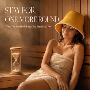 May include: A wooden hourglass with sand sits on a bench next to text that reads STAY FOR ONE MORE ROUND. When Your Head Feels Better, The Sauna Does Too. The scene features a person wearing a yellow felt sauna hat and a beige towel wrap.