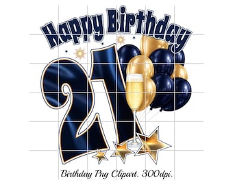Birthday Clipart, Balloons PNG Image, age 21, 21st, navy, gold (Digital Download 300dpi 18.3x19.1" )