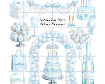 Blue birthday Clipart bundle/ 25 PNG images/ Soft blue, white, creams, silver. Digital Instant Download, 300DPI.