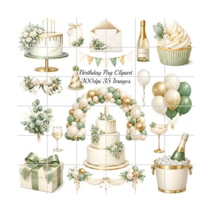 May include: A collection of birthday-themed digital illustrations. Includes cakes, cupcakes, champagne, balloons, gift boxes, and decorative elements in gold, white, and sage green. The text "Birthday Png Clipart 300dpi 35 Images" is visible.