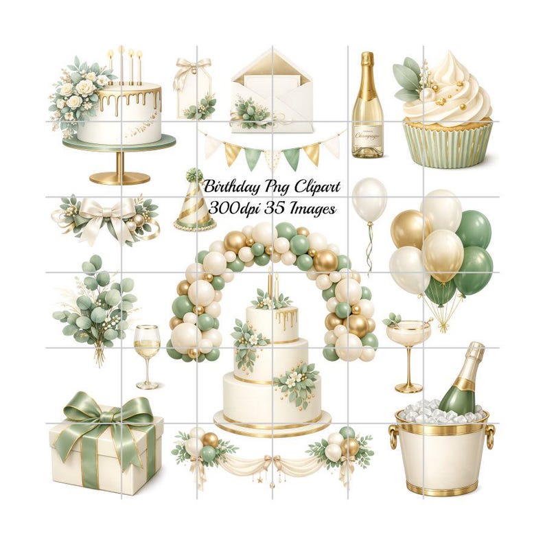 May include: A collection of birthday-themed digital illustrations. Includes cakes, cupcakes, champagne, balloons, gift boxes, and decorative elements in gold, white, and sage green. The text "Birthday Png Clipart 300dpi 35 Images" is visible.