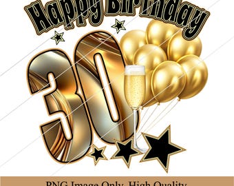 Birthday Clipart, Balloons PNG Image, age 30, 30th, black, gold (Digital Download 300dpi 18.4x19.1")