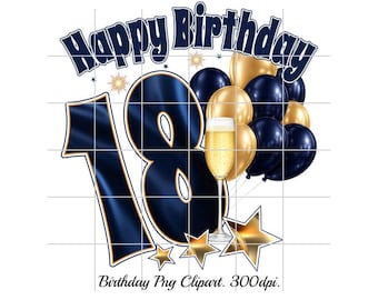 Birthday Clipart, Balloons PNG Image, age 18, 18th, navy, gold (Digital Download 300dpi 18.3x19.1" )