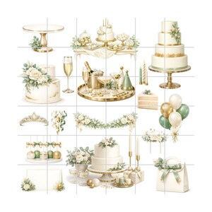 May include: A collection of watercolor illustrations featuring celebratory elements. Includes tiered cakes, champagne, balloons, a tiara, and decorative garlands in white, gold, and green. Perfect for event design and party decorations.