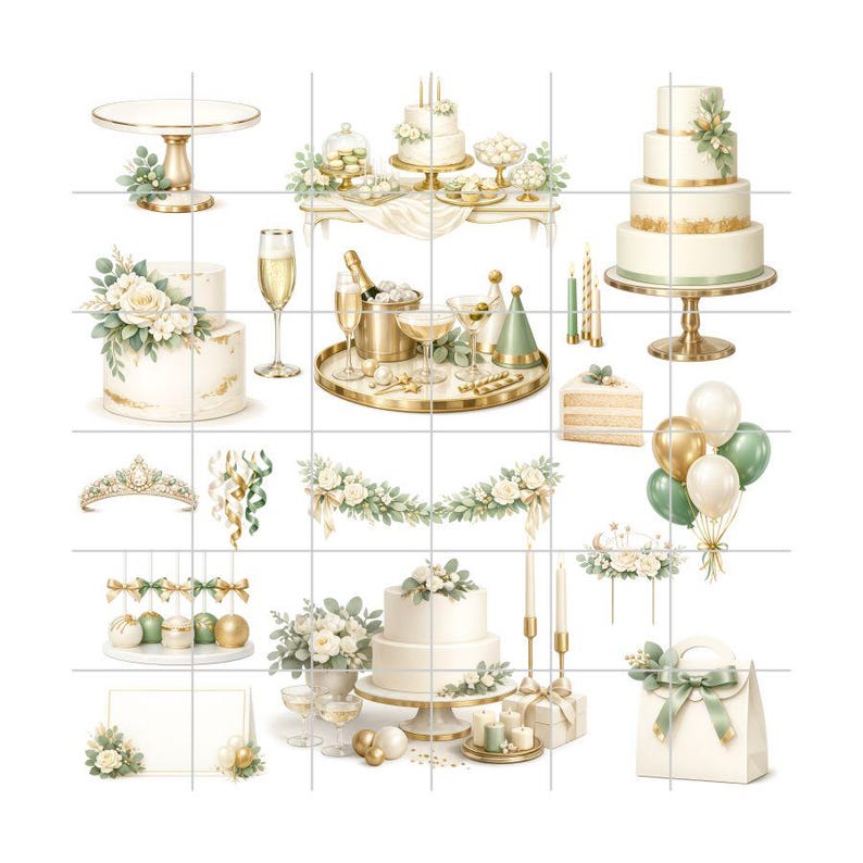 May include: A collection of watercolor illustrations featuring celebratory elements. Includes tiered cakes, champagne, balloons, a tiara, and decorative garlands in white, gold, and green. Perfect for event design and party decorations.