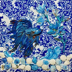 Blue Dance – 3D Resin Wall Art with Fish and Flowers