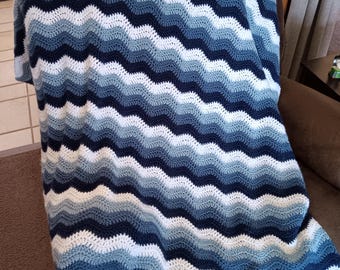 Hand Crocheted Afghan: 60 x 68 - Shades of Blue to White Waves Design - USA Made
