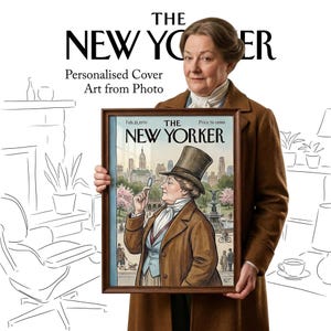 Pu&ograve; includere: Una copertina incorniciata della rivista New Yorker con un'illustrazione di una donna con cilindro e lente d'ingrandimento, sullo sfondo di un paesaggio urbano. La copertina recita "The New Yorker" e "Feb. 21, 1970". &Egrave; visibile anche il testo "Personalised Cover Art from Photo".