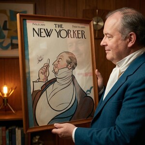 Pu&ograve; includere: Una copertina incorniciata della rivista New Yorker del 21 febbraio 1970, con un'illustrazione di un uomo che usa una lente d'ingrandimento. La cornice in legno circonda la copertina, che ha uno sfondo color crema.