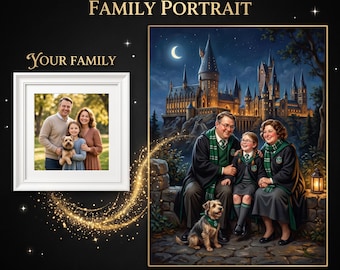 Personalized Wizarding School Family Portrait with Hogwarts Background - Custom Costumes & Weather Options
