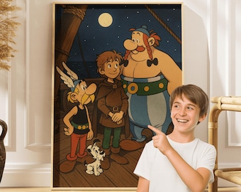 Op de afbeelding: Een ingelijste print met een cartoonillustratie van Asterix, Obelix en andere personages op een schip 's nachts. Het kunstwerk heeft een vintage stijl met een houten dek en een volle maan op de achtergrond. De personages staan in verschillende poses.