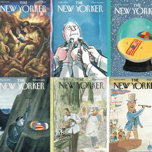 Pu&ograve; includere: Una collezione di sei copertine vintage della rivista New Yorker. Le copertine presentano illustrazioni di soldati, un uomo con microfoni, una scena di spiaggia in una palla di neve, un alpinista, uno chef e un uomo su una barca. Ogni copertina mostra il logo e il prezzo della rivista.