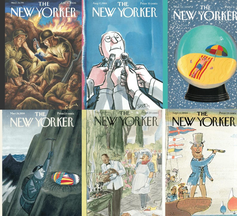Pu&ograve; includere: Una collezione di sei copertine vintage della rivista New Yorker. Le copertine presentano illustrazioni di soldati, un uomo con microfoni, una scena di spiaggia in una palla di neve, un alpinista, uno chef e un uomo su una barca. Ogni copertina mostra il logo e il prezzo della rivista.