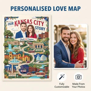Pode incluir: Um cartaz de mapa de amor personalizado intitulado Our Kansas City Story com uma ilustração de desenho animado de um casal chamado Jack e Emma, marcos como Union Station e Liberty Memorial, e uma foto do casal ao lado.